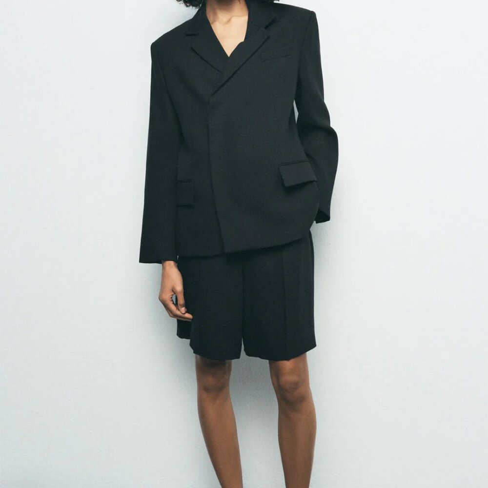 Zara Double-Breasted Linen-Blend Blazer and Bermuda Shorts XS NWT